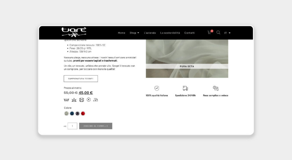 Tiarè tessuti ecommerce prodotto sito web